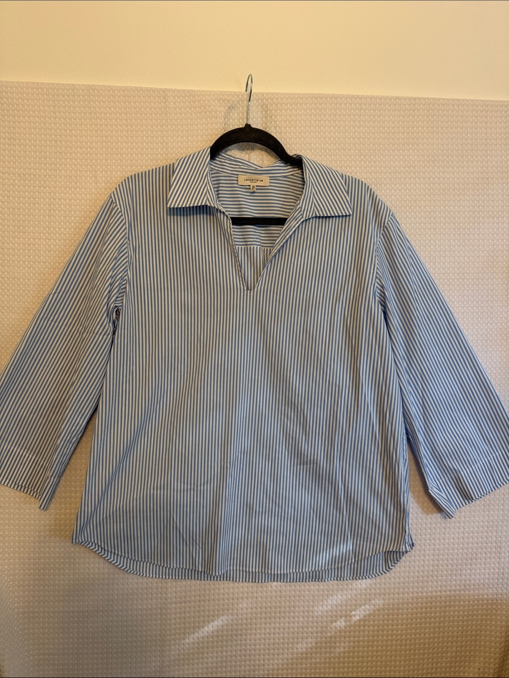 Lafayette 148 New York Blue and White Striped V-Notch Shirt